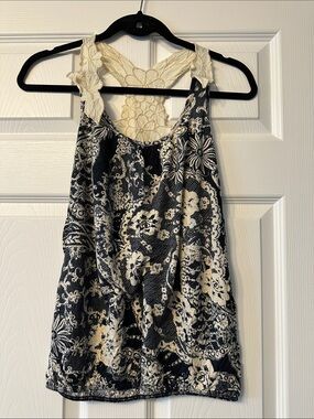 Women's Black and Cream floral tank with  applique-style straps